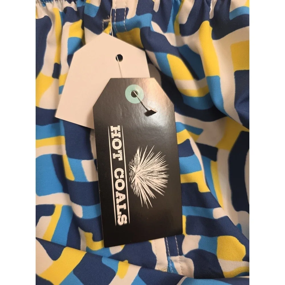 Hot‎ Coals Mens XL Swim Trunks Blue Yellow Geometric Maze Quick Dry UPF 50+ NWT